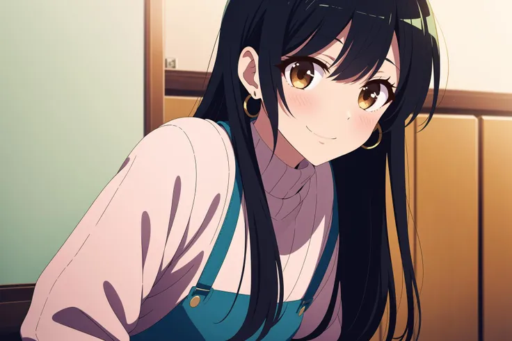 anime girl with long black hair sitting in front of a mirror