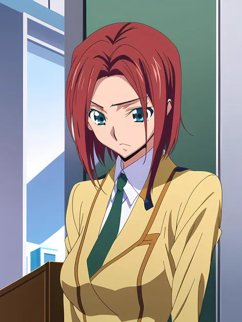 anime girl with red hair and green tie standing in front of a window