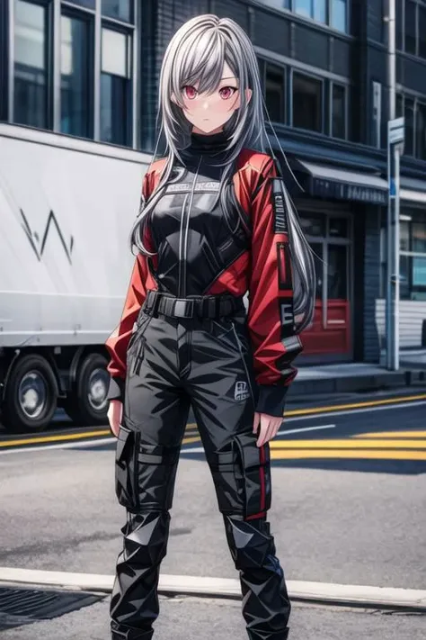 a woman in a black and red outfit standing on a street