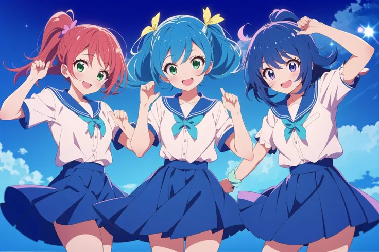 three anime girls in school uniforms posing for a picture