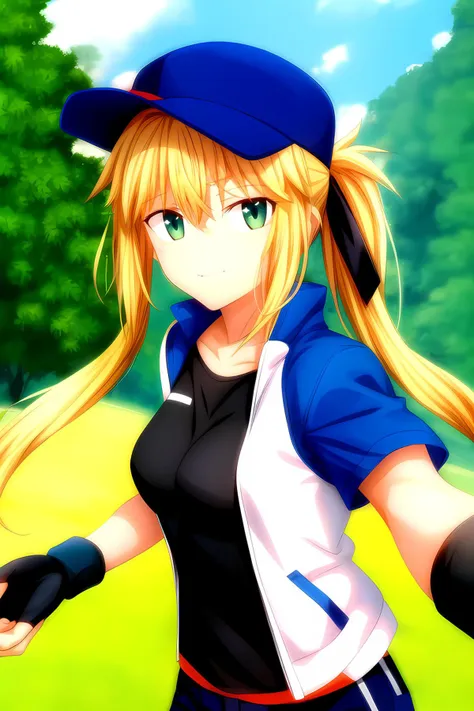 anime girl with long blonde hair and blue cap holding a baseball bat