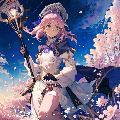 anime girl with a sword and a hat in a field of flowers