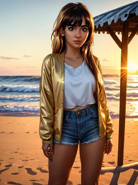 arafed woman in a white shirt and denim shorts standing on a beach