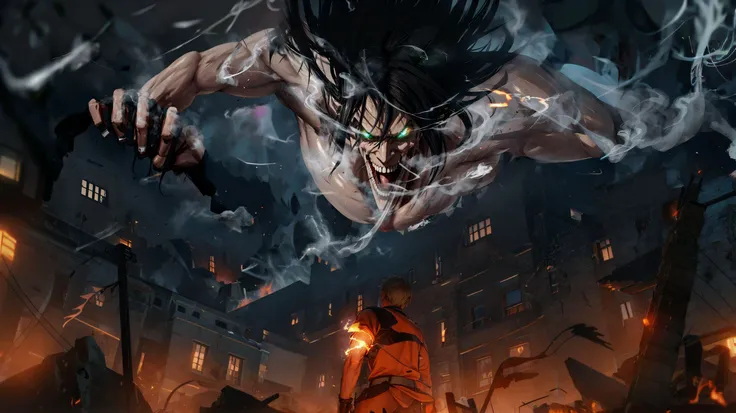 , battle field, smoke, ruined city, fighting pose, <lora:Attack_Titan:1> Attack_titan, teeth, black hair, , glowing, muscular,  giant, smoke, above old buildings, holding building, grabbing, hands on building , ((from below)), size ratio, 8k, ultra HD, win...