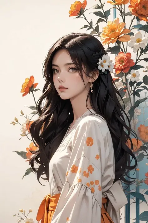 a woman with long black hair and a white shirt standing in front of a wall with flowers