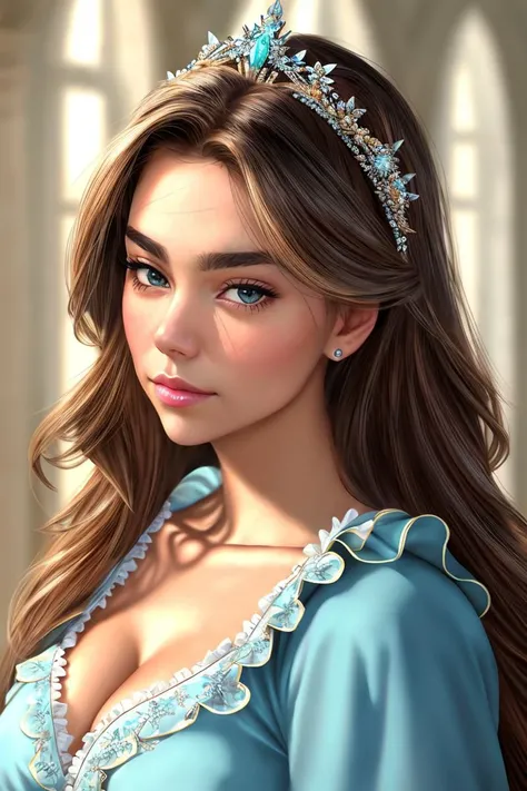 (KristenNobodySD15:1) medieval portrait fantasy princess glorious elaborate royal teal robes tiara gems luxurious stone castle Game of Thrones Hogwarts (masterpiece) (best quality) (detailed) (8k) (HDR) (wallpaper) (cinematic lighting) (sharp focus) (intri...