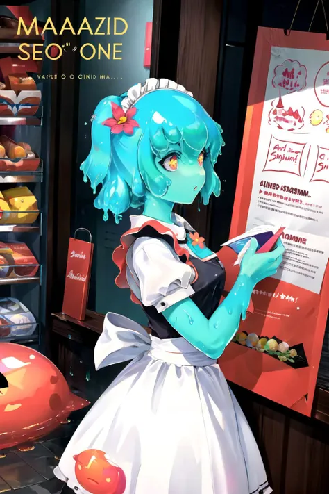 magazine cover, english_text, from_side, menu, holding menu, (maid), 1girl, <lora:junoslime-20:1> junoslime, slime girl, flower, hair flower,, Masterpiece, best quality, Masterpiece, best quality, Masterpiece, best quality, Masterpiece, best quality, Maste...