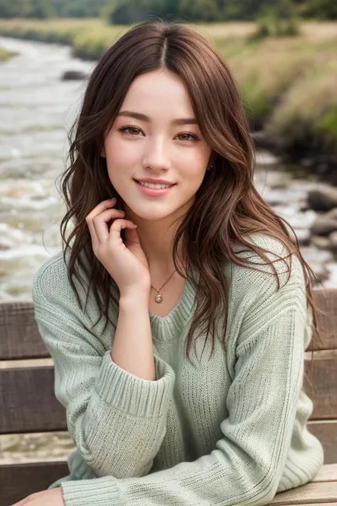 Nancy Momoland Jewel-1350 ((Wearing a sweater and distressed jeans)), ((Professional Photo Shoot)), ((out in the country next to a river)), ((sitting on a bench next to a river)), ((smiling)), ((Real skin with Pores:1.2)), model shoot style, extremely intr...