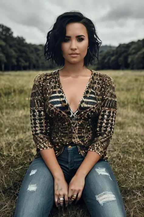 (((Close up head portrait))), ((Wearing a sweater)) and ((very distressed jeans)), ((Professional Photo Shoot)), ((in the country next to a river)), ((Sitting on the grass with legs crossed)), smiling, model shoot style, extremely intricate, High Detail, S...