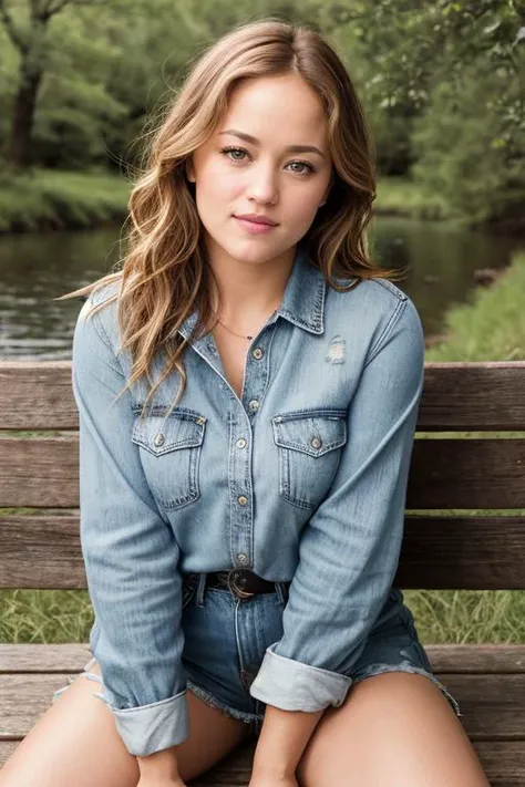 Erika Christensen ((Wearing a sweater and distressed jeans)), ((Professional Photo Shoot)), ((out in the country next to a river)), ((sitting on a bench next to a river)), model shoot style, ((Real skin with pores)), extremely intricate, High Detail, Sharp...