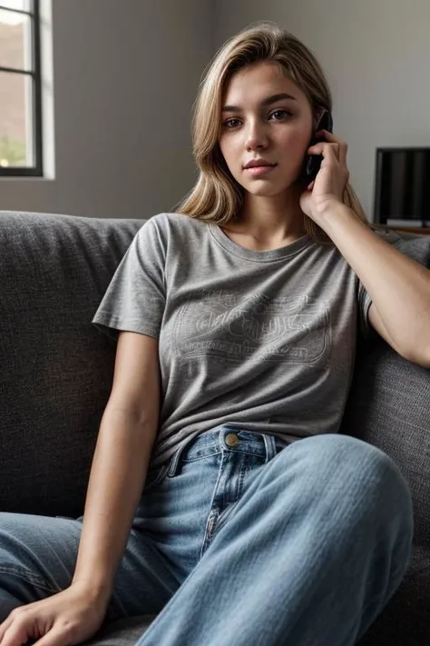 blonde college student, from a distance, Relaxing at home, torn jeans and baggy t-shirt, ((sitting on the couch playing video games)), Real Skin with Pores, Real detailed face,  epiCRealism  <lora:more_details:1>