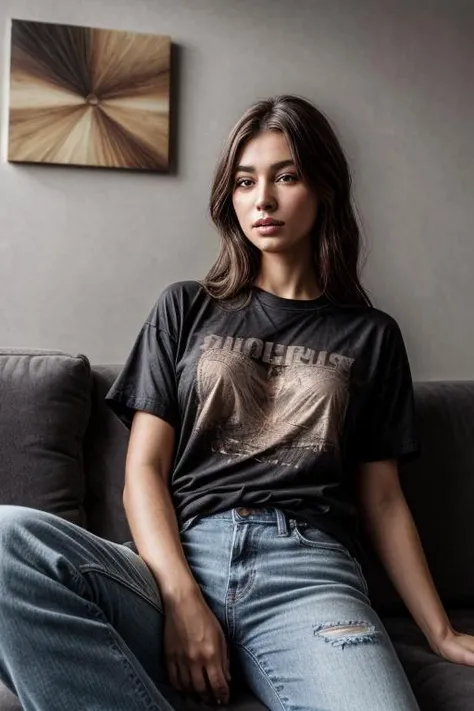 from a distance, Woman relaxing at home, holey jeans and oversized t-shirt, ((sitting on the couch)), Real Skin with Pores, natural realistic photos, Real detailed face,  epiCRealism  <lora:more_details:1>