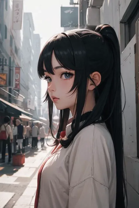 anime girl with long black hair and blue eyes standing in a city street