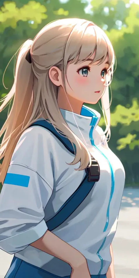 anime girl with long blonde hair and blue shirt standing in front of trees