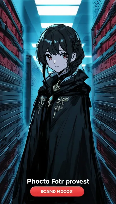 a picture of a girl in a black cloak standing in a library