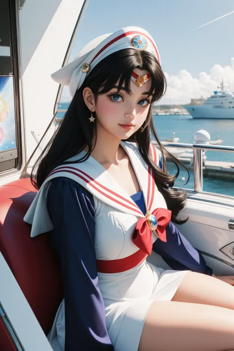 sailor girl sitting on a boat in a sailor outfit