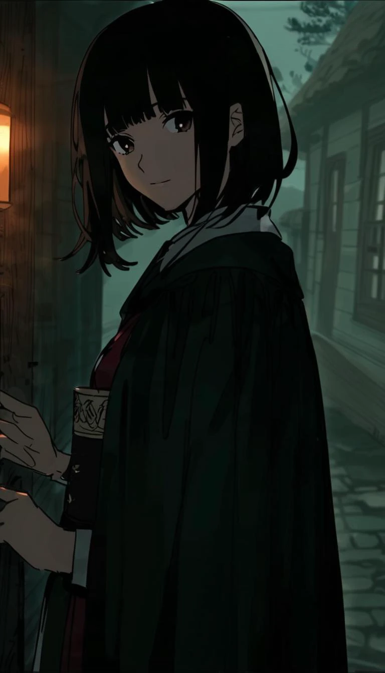 anime girl in a black robe holding a glass of wine