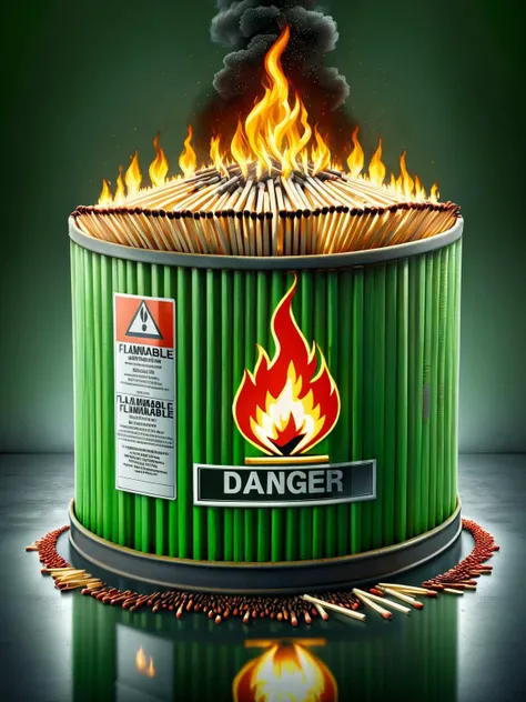 a danger flammable sign made of ais-matches on the side of a green fuel tank  <lora:EnvyBetterHiresFixXL01:0:hr=1>,<lora:Matches_Style_SDXL:1>