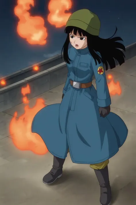 a woman in a blue coat and hat standing in front of fire