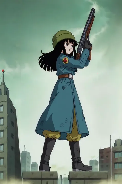 a woman in a blue coat holding a gun on top of a building