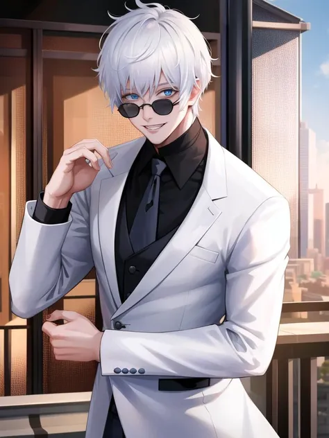 <lora:gojo-000010:0.7> ,  1boy, Gojo, a man with white hair and black round sunglasses, posing for a picture, black business suit, black tie, blue eyes, smirking, teeth visible, cowboy shot  , (masterpiece:1.4),(best quality:1.4),(shiny skin),realistic, ea...