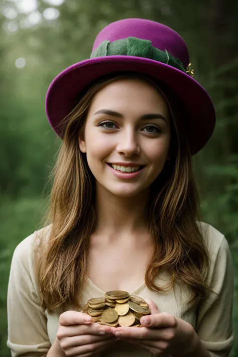 a woman in a hat holding a pile of coins in her hands