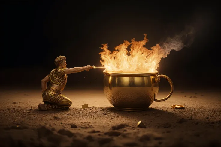 a man kneeling down next to a burning cup with a statue of a person