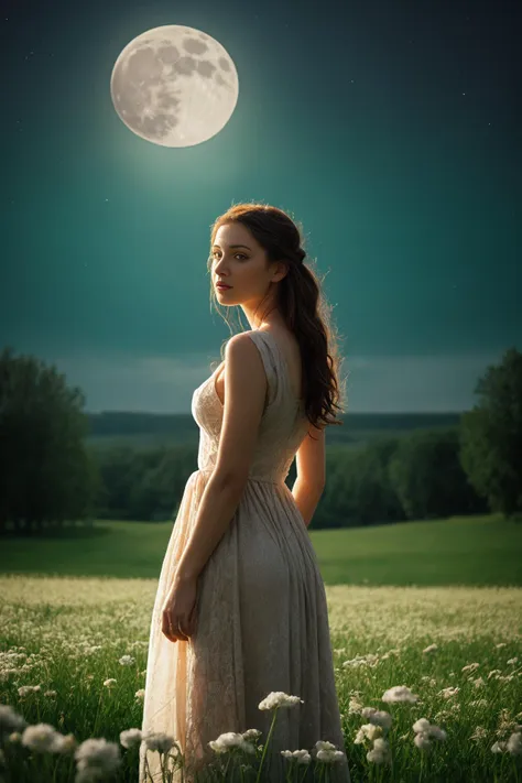 a woman in a dress standing in a field with a full moon