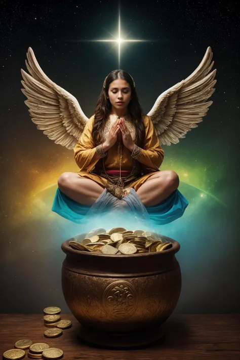 a woman sitting on a pot with coins and an angel above her