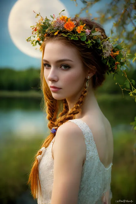 a woman with a flower crown on her head standing in front of a lake