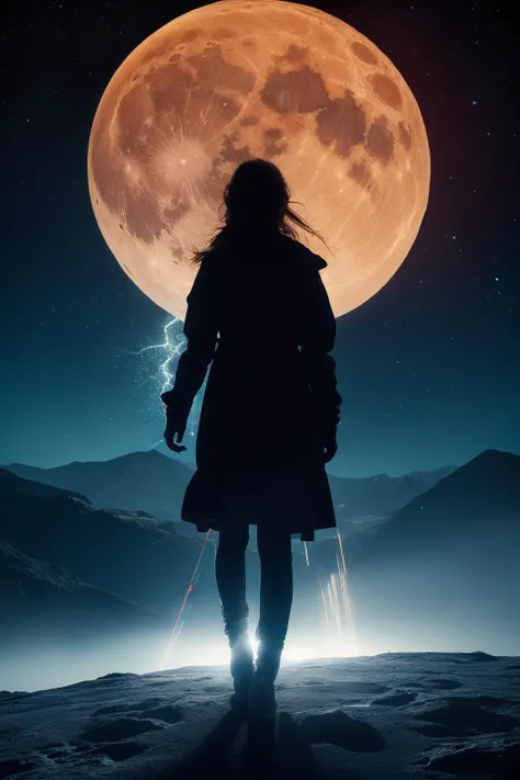 a woman standing in the snow with a full moon behind her