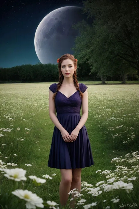 a woman standing in a field with daisies and a full moon