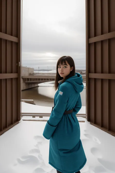 a woman in a blue coat standing in front of a window