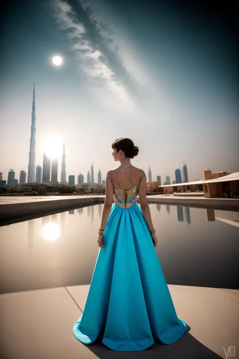 a woman in a blue dress standing in front of a pool