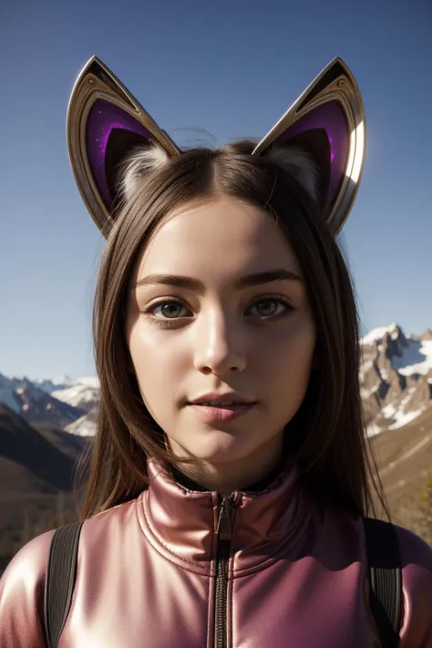 a close up of a woman wearing a cat ear and a backpack