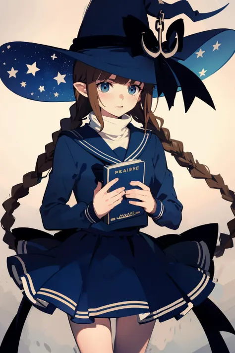 (masterpiece, high quality, highres:1),1girl,solo,<lora:wadanohara-wasabiya:1>,wadablue,twin braids,long hair,witch hat,blue bow,anchor,star print,hat ornament,blue ribbon,book,holding book,blue skirt,chain,star (symbol),crescent,blue eyes,