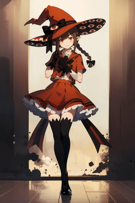 (masterpiece, high quality, highres:1),1girl,solo,<lora:wadanohara-wasabiya:1>,wadared,witch hat,long hair,red bow,extra eyes,eye print,red gloves,black thighhighs,red skirt,