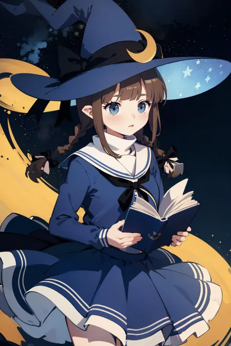 (masterpiece, high quality, highres:1),1girl,solo,<lora:wadanohara-wasabiya:1>,wadablue,twin braids,long hair,witch hat,blue bow,star print,hat ornament,blue ribbon,book,holding book,blue skirt,star (symbol),crescent,blue eyes,