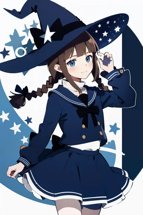 (masterpiece, high quality, highres:1),1girl,solo,<lora:wadanohara-wasabiya:1>,wadablue,twin braids,long hair,witch hat,blue bow,star print,hat ornament,blue ribbon,blue skirt,star (symbol),crescent,blue eyes,