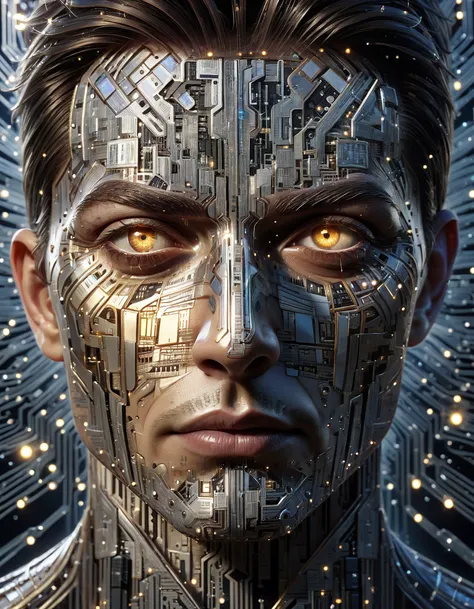 (Face of a man:1.05) at night with lines, in the style of distorted and fractured, anamorphic lens flare, intricate webs ral-semiconductor, light silver and dark gold, abstract, highly detailed, intricate details