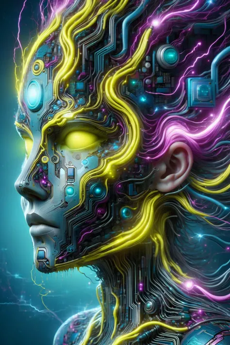 a digital painting of a woman with a futuristic head and glowing hair