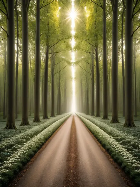 a view of a road in a forest with a light shining through the trees