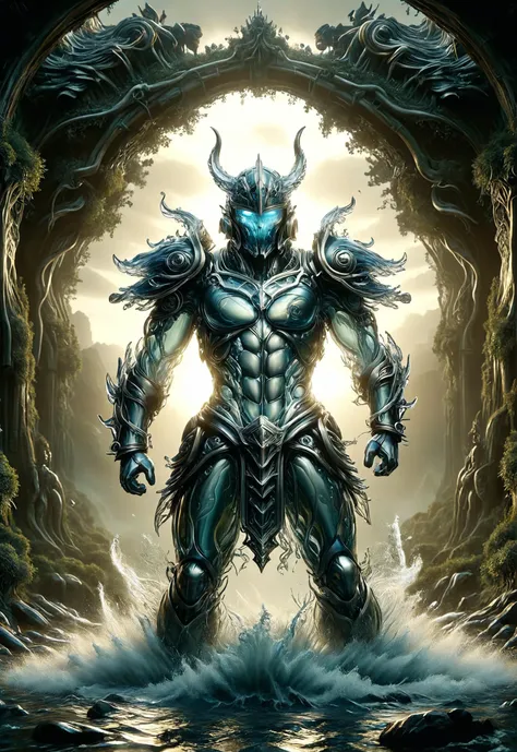 a digital painting of a male warrior standing in a cave