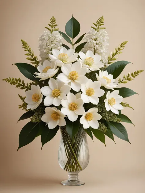 a vase filled with white flowers and greenery on a beige background