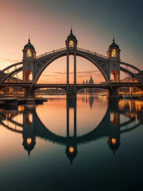 arafed bridge with clock tower and reflection in water at dusk