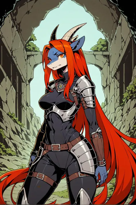 a cartoon picture of a woman with long red hair and armor