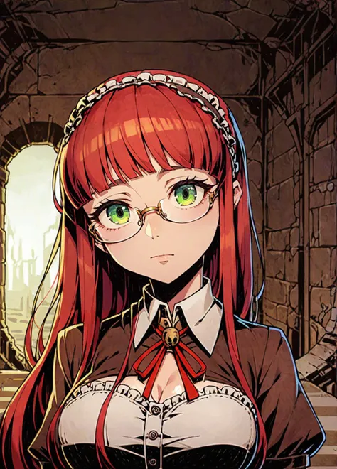 a close up of a woman with glasses and a red hair