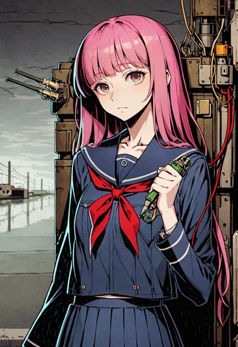 anime girl with pink hair and a blue dress holding a gun