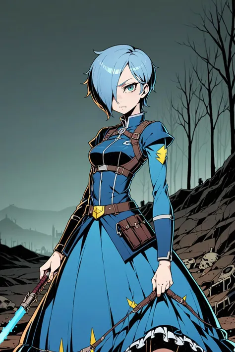 a woman in a blue dress holding a sword in a field