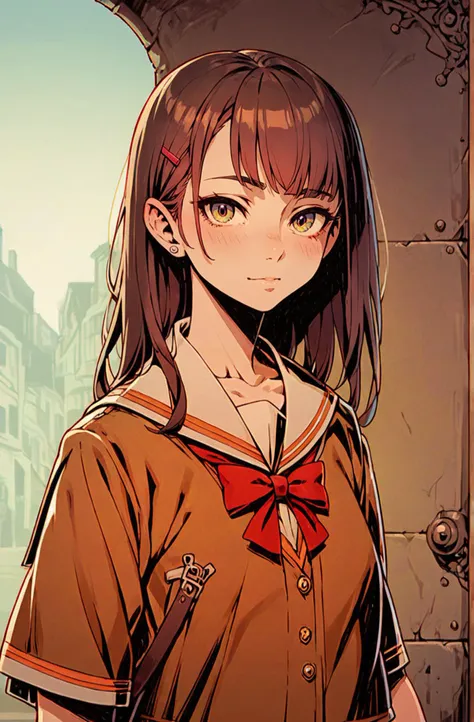 anime girl with long brown hair and red bow in front of a building